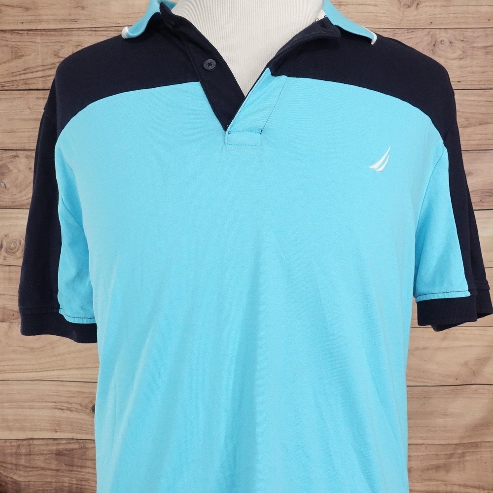 Nautica Polo Shirt Mens XL Blue Cotton Polyester Colorblock Knit Casual Nautical